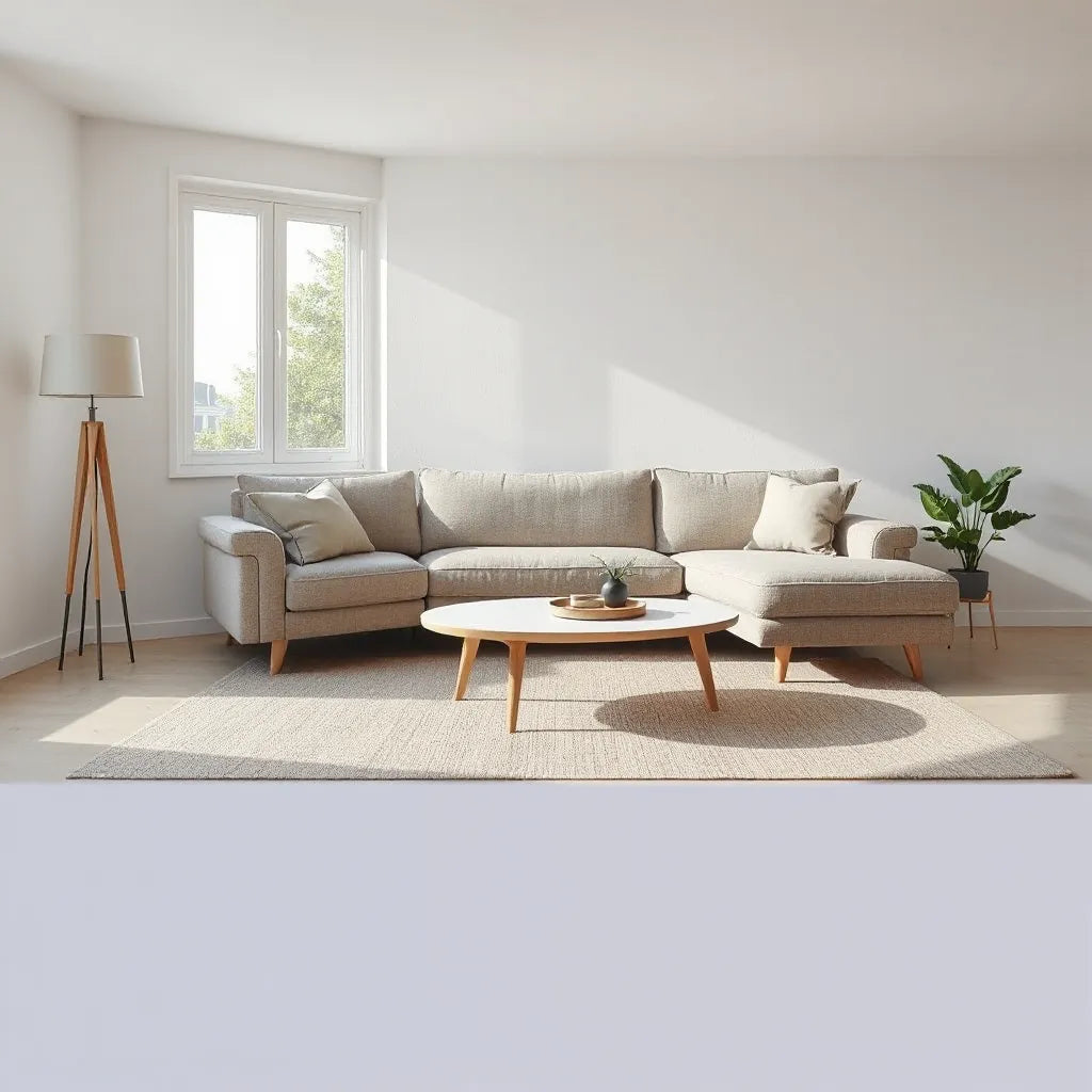 Modern living room with a low-profile sofa, sleek coffee table, and minimalist decor in neutral tones