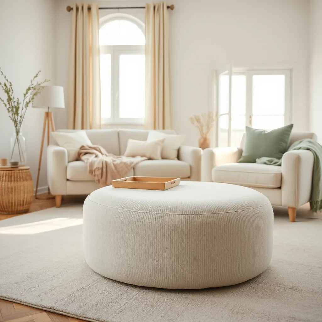 Chenille round ottoman styled with a throw and tray in a bright living room