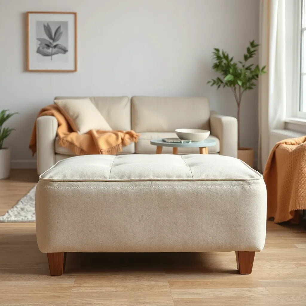 Soft padded top ottoman in a bright living room, styled with a throw and nearby seating