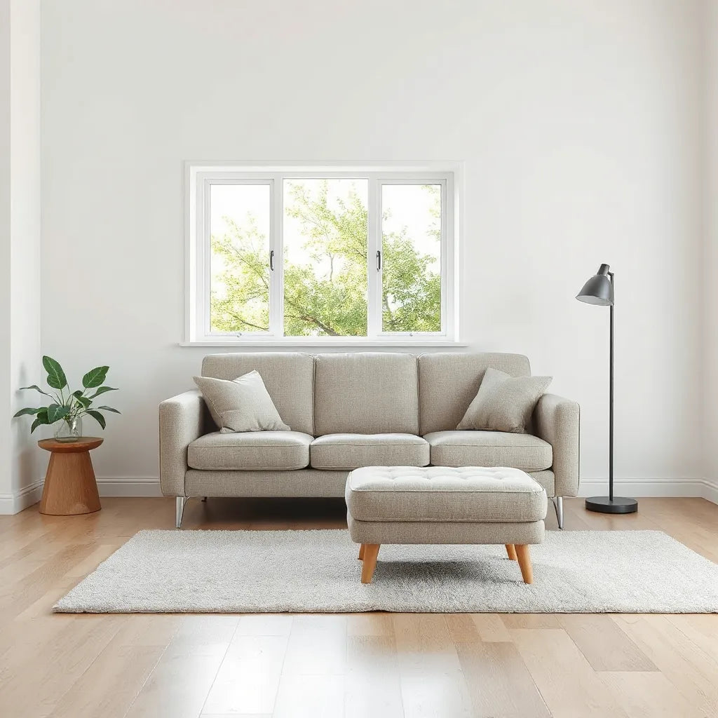 Compact modern sofa arranged in a small living room with clear walkway and minimal decor