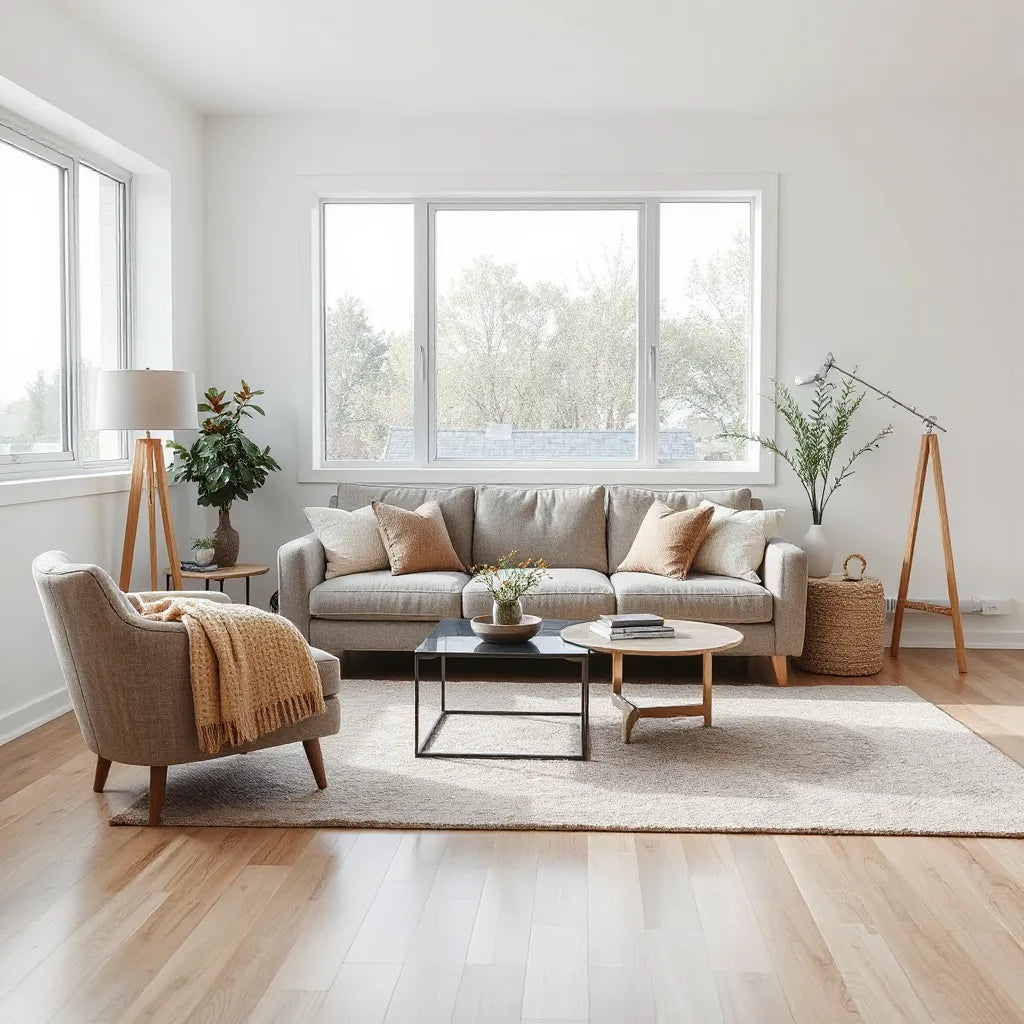 Modern living room with neutral upholstered sofa, accent chair, and sleek coffee table in natural light