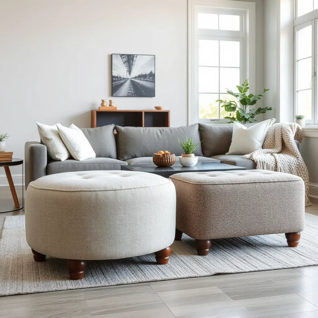 Upholstered ottomans styled beside a sofa and coffee table in a bright, modern living room
