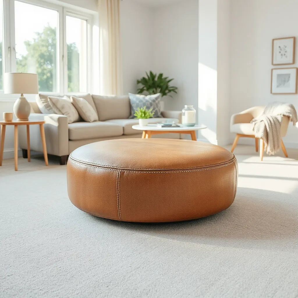 Medium-brown round leather ottoman styled in a bright modern living room with a sofa and side table