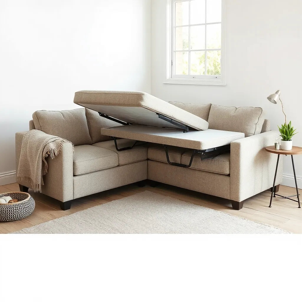 Convertible sectional couch in a bright living room with an extended sleeping section
