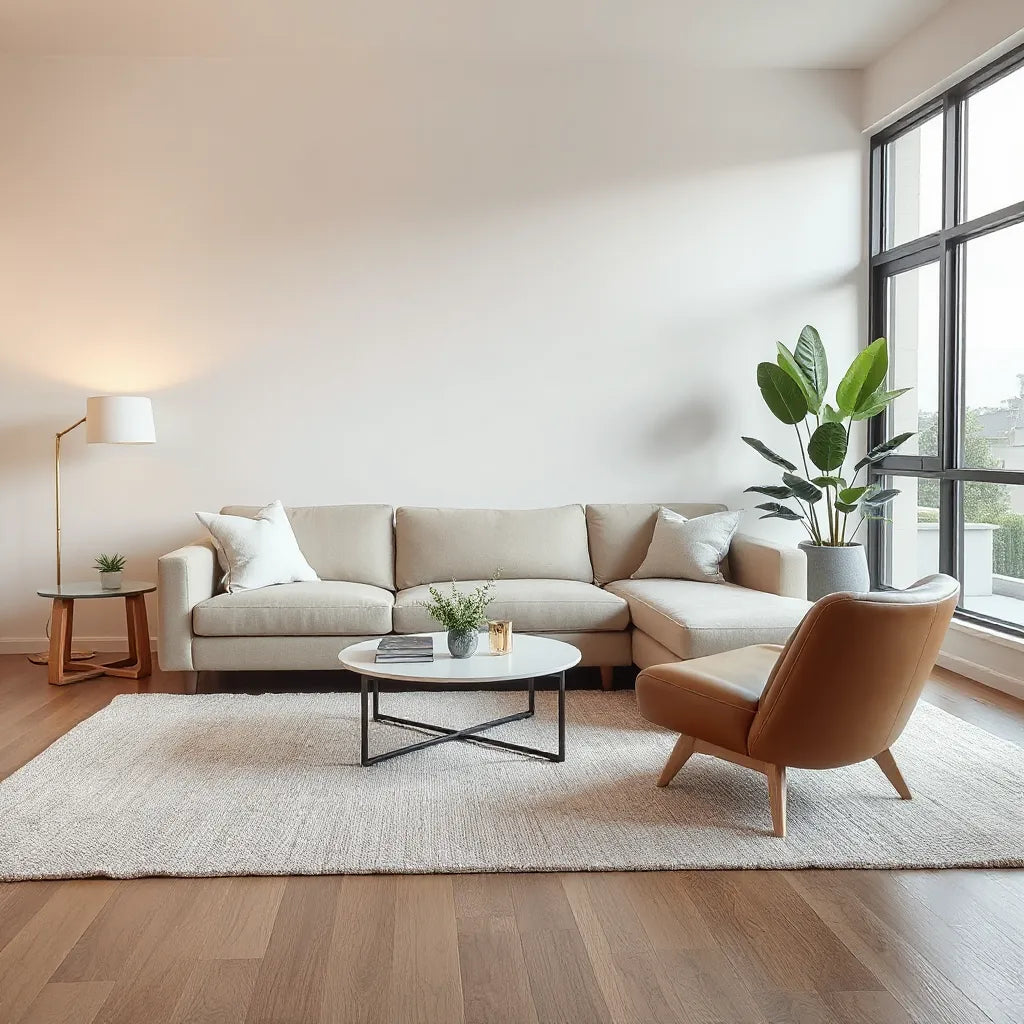 Modern living room with sleek sofa, coffee table, neutral rug, and warm natural light