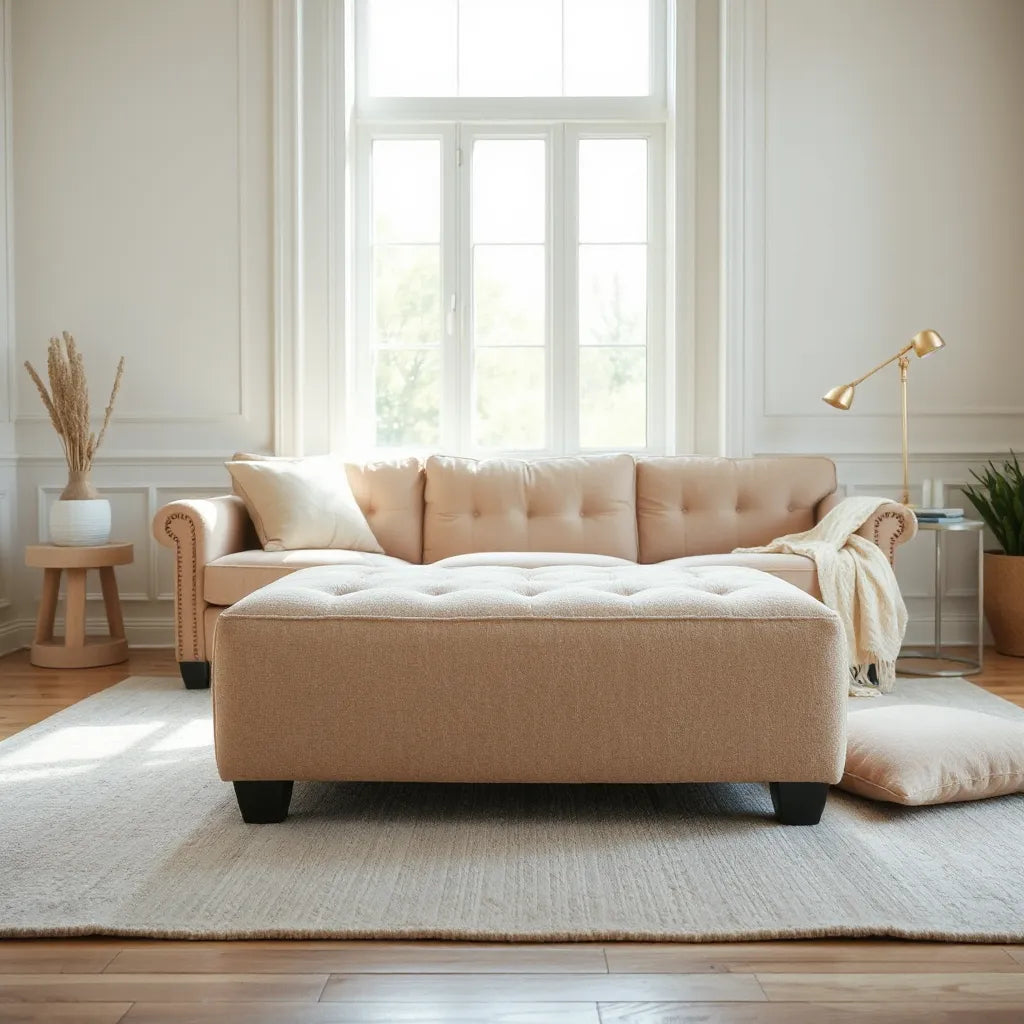 Plush upholstered ottoman in a bright living room with soft neutral decor