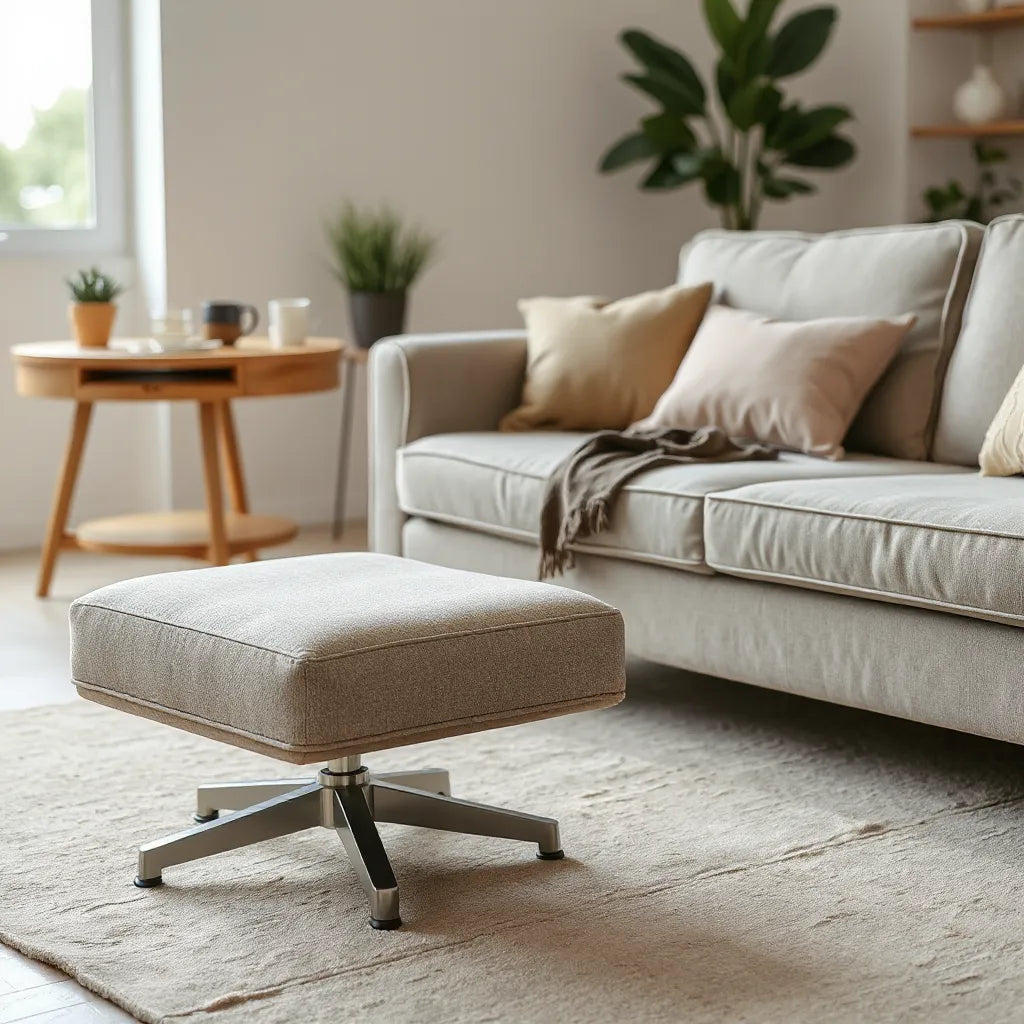 Premium upholstered footrest beside a neutral sofa in a bright, minimal living room