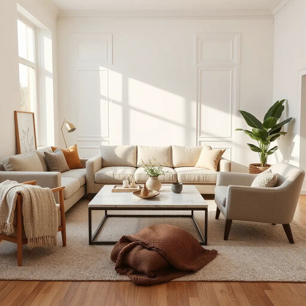 Bright modern living room with elegant neutral sofa, refined coffee table, and layered rug