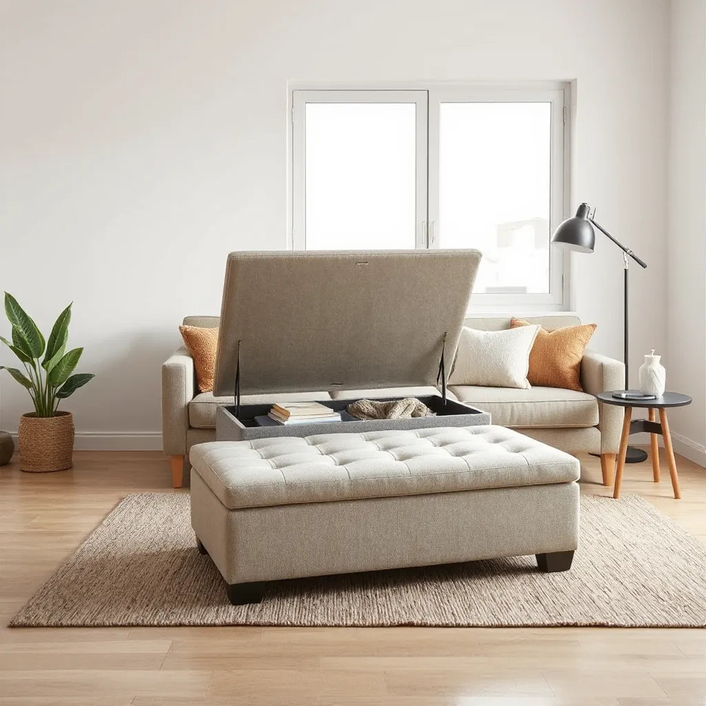 Compact ottoman with hidden storage in a small living room with tidy, minimalist decor