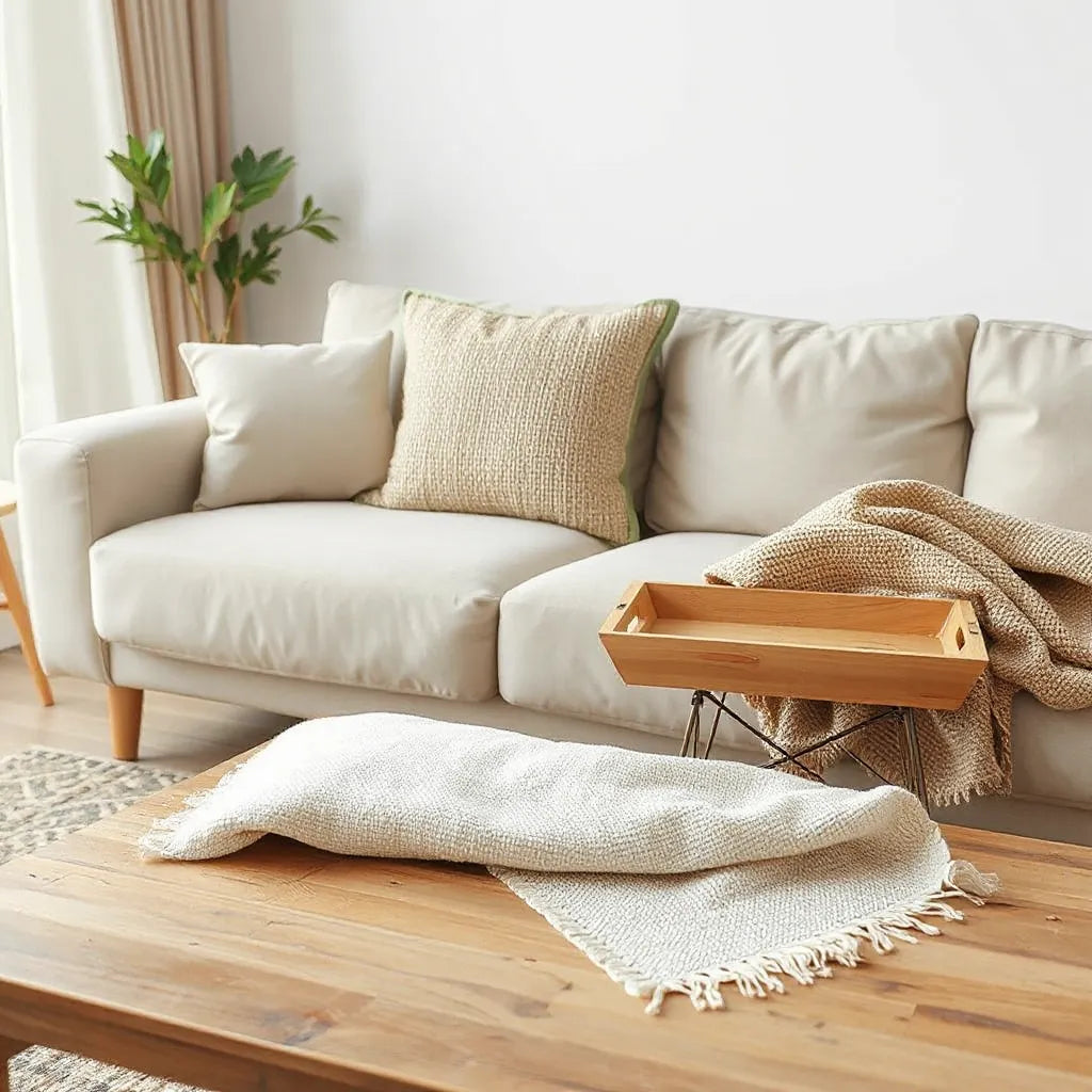 Natural-fiber home textiles and wood accents in a bright, eco-conscious living room setting