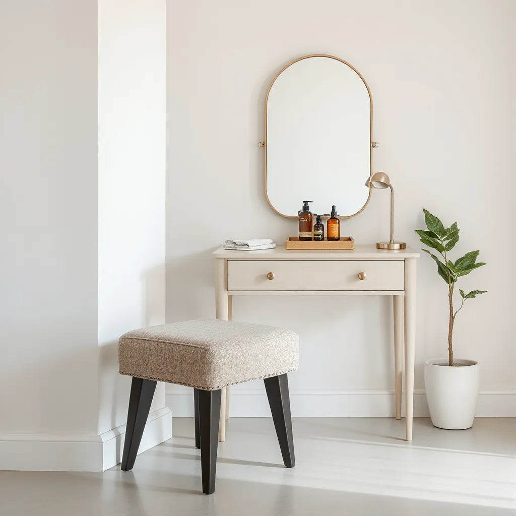 Accent vanity stool placed beside a modern vanity with mirror, neatly arranged skincare items, and soft natural light