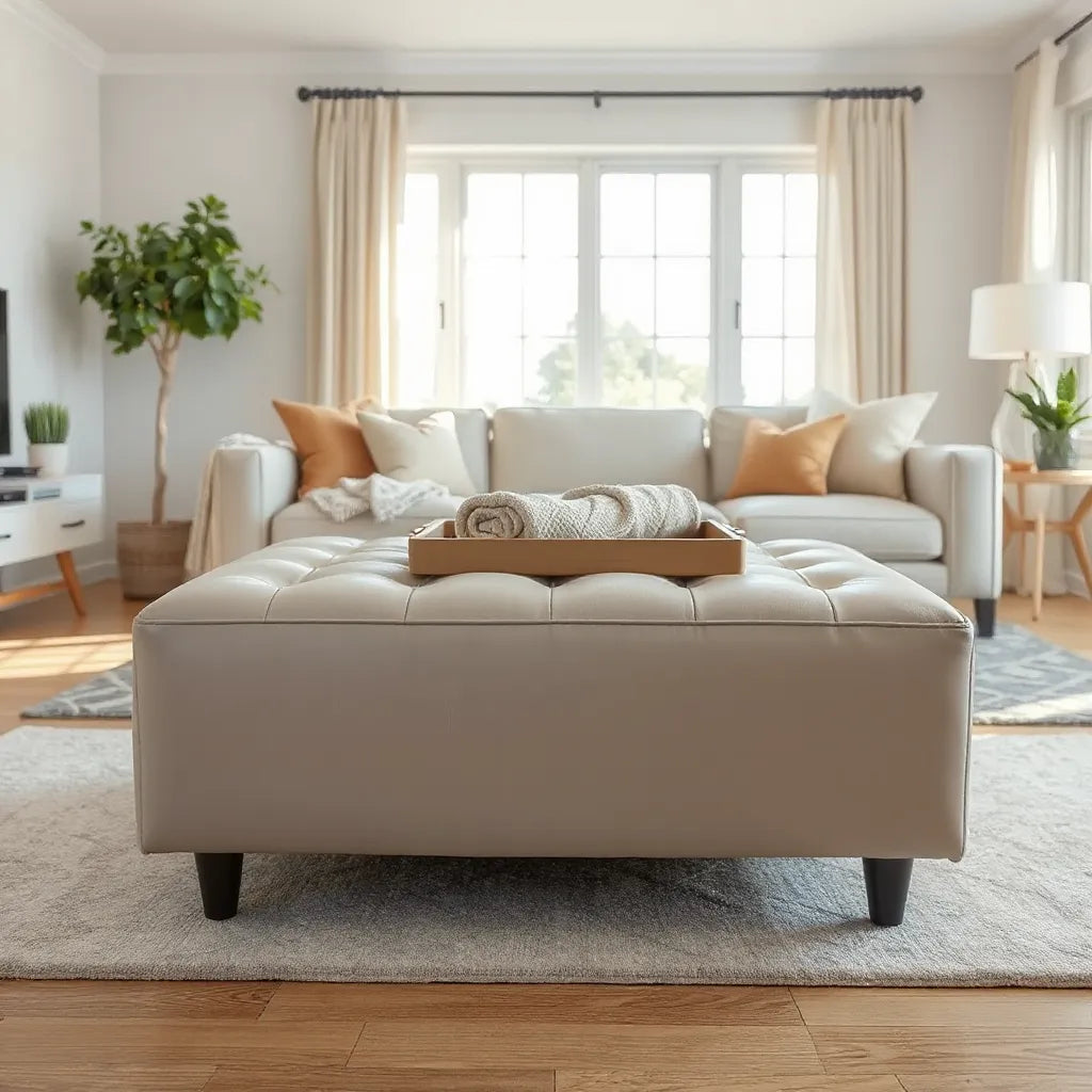 Faux leather ottoman styled in a bright living room with a throw and minimal decor