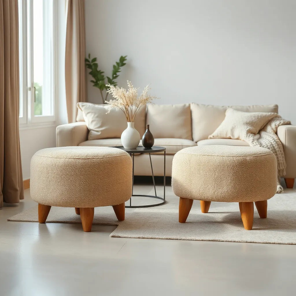Boucle fabric stools with soft texture in a bright modern living room.