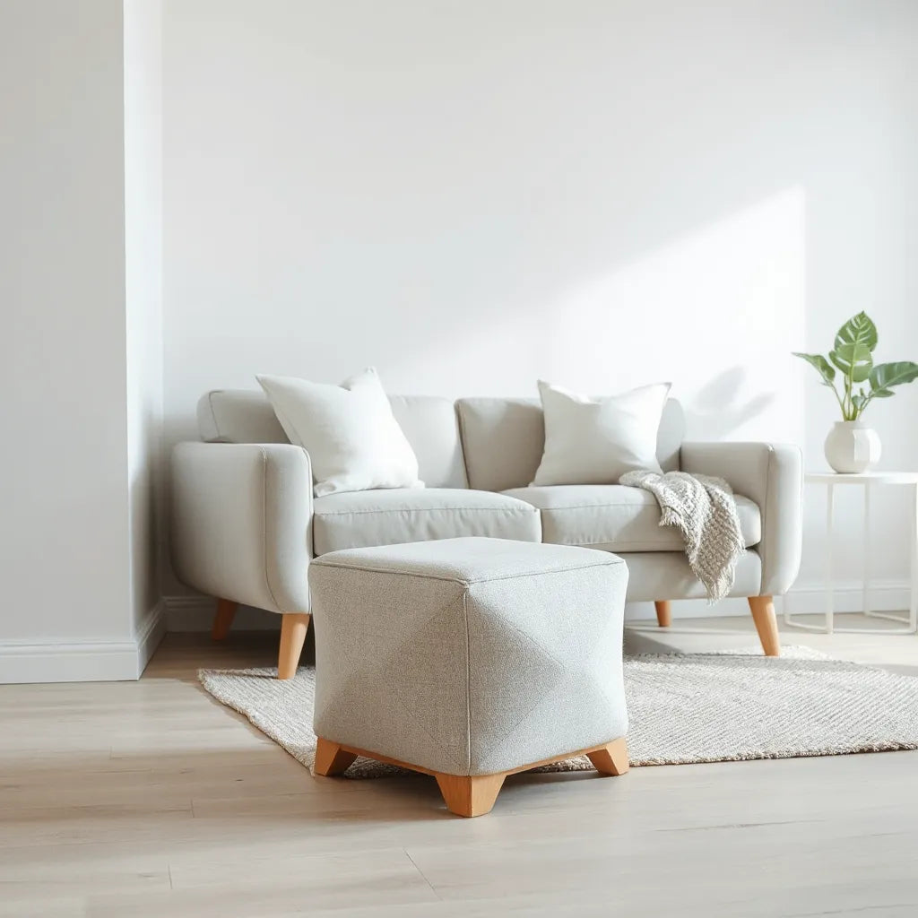 Geometric patterned accent stool in a modern living room with simple decor and soft daylight