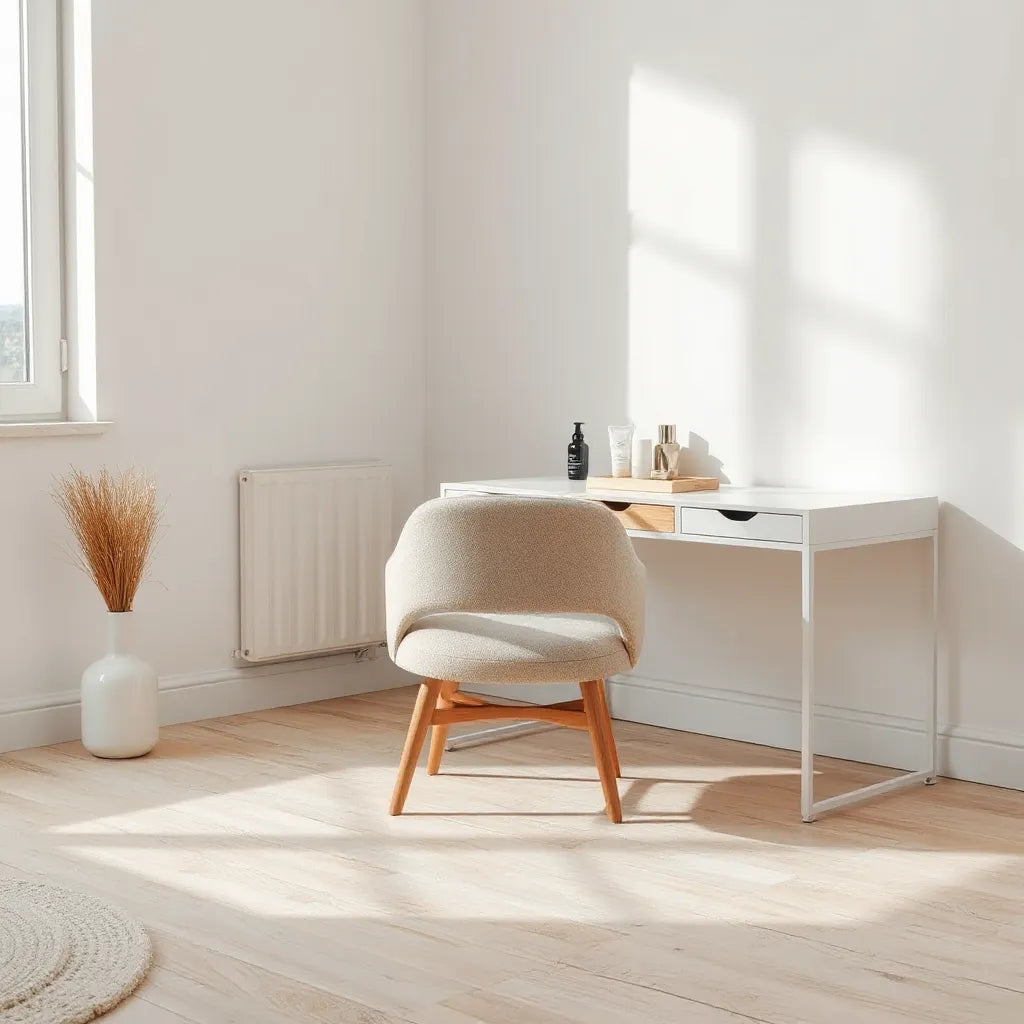 A modern upholstered vanity chair beside a minimalist vanity with soft natural light