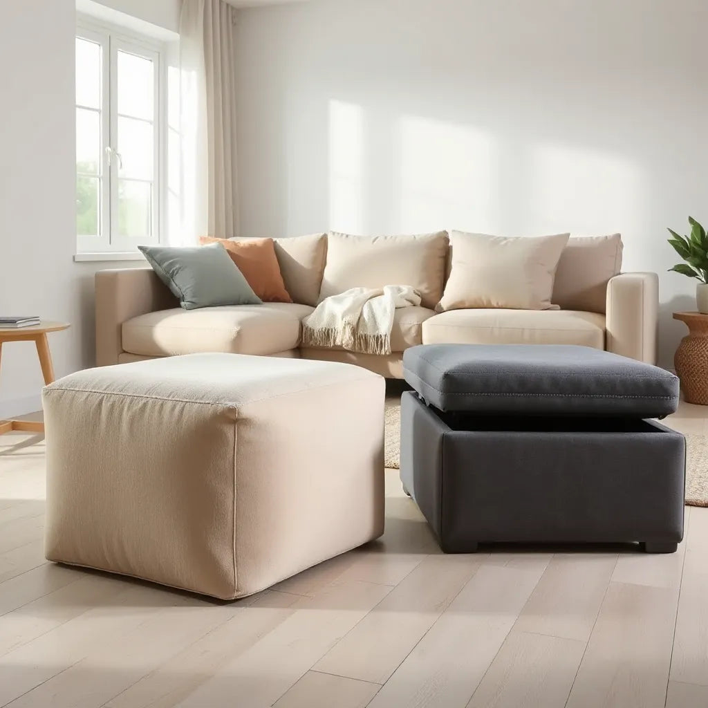 Upholstered modern ottomans in a minimal living room, one showing hidden storage lid