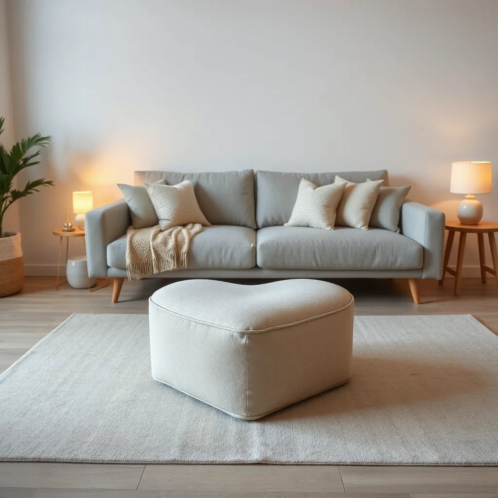 Heart shaped upholstered ottoman styled in front of a modern sofa in a cozy living room