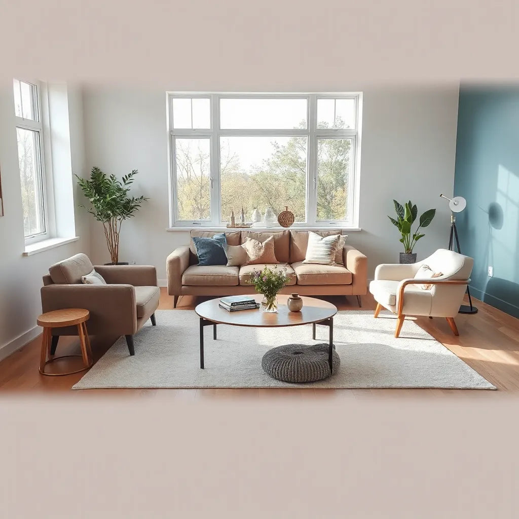 Contemporary living room with modern sofa, armchair, and coffee table in warm neutral tones