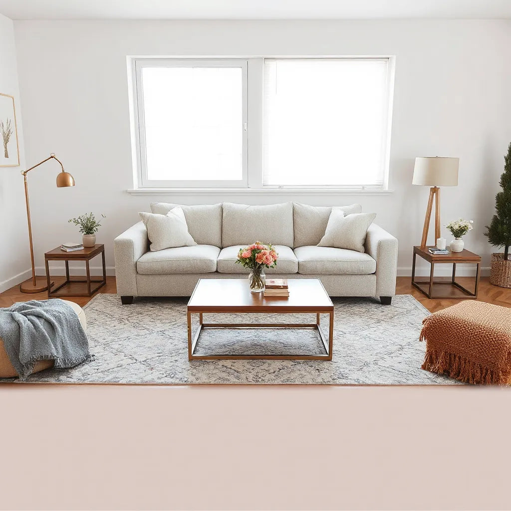 Bright living room layout with sofa, coffee table, rug, and warm lighting