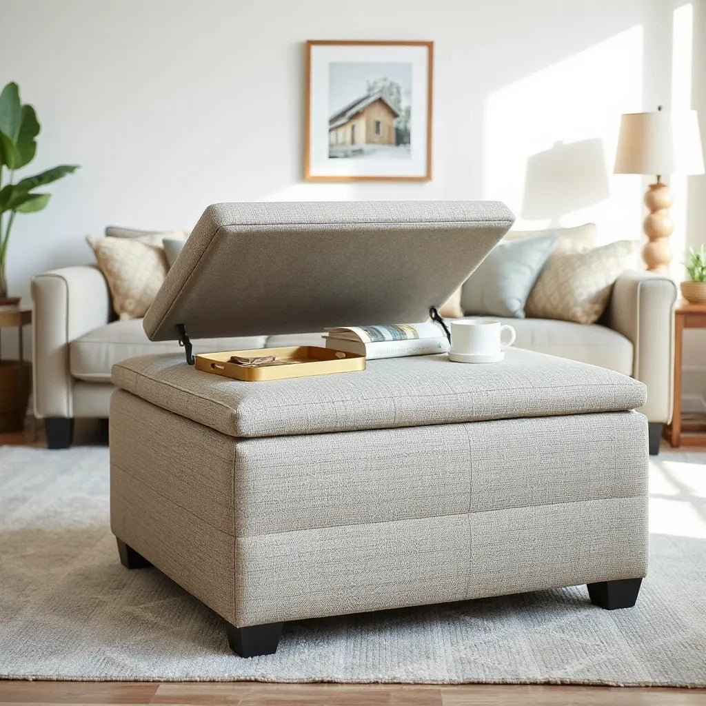 Neutral upholstered lounge ottoman with concealed storage in a bright modern living room