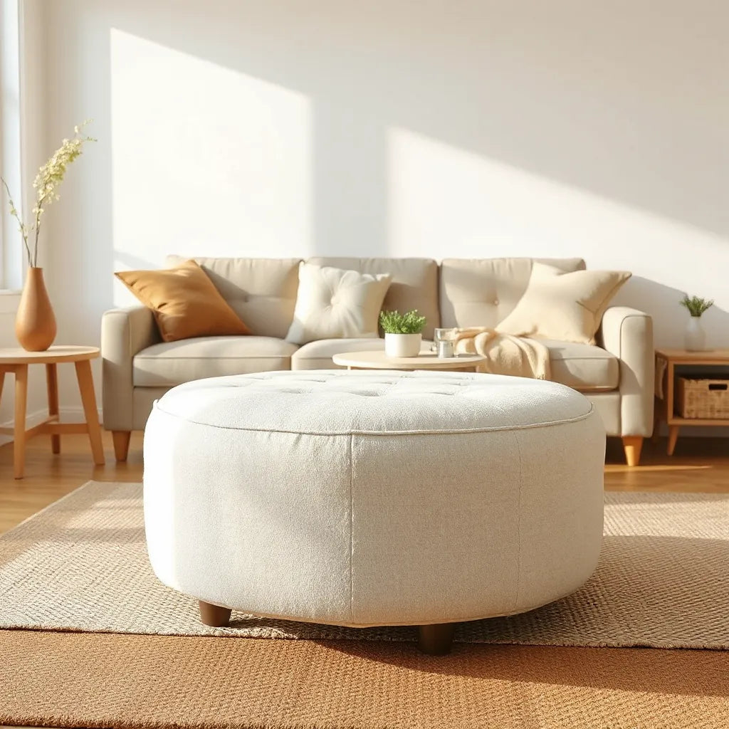 White fabric round ottoman in a bright living room with a neutral sofa and minimal decor