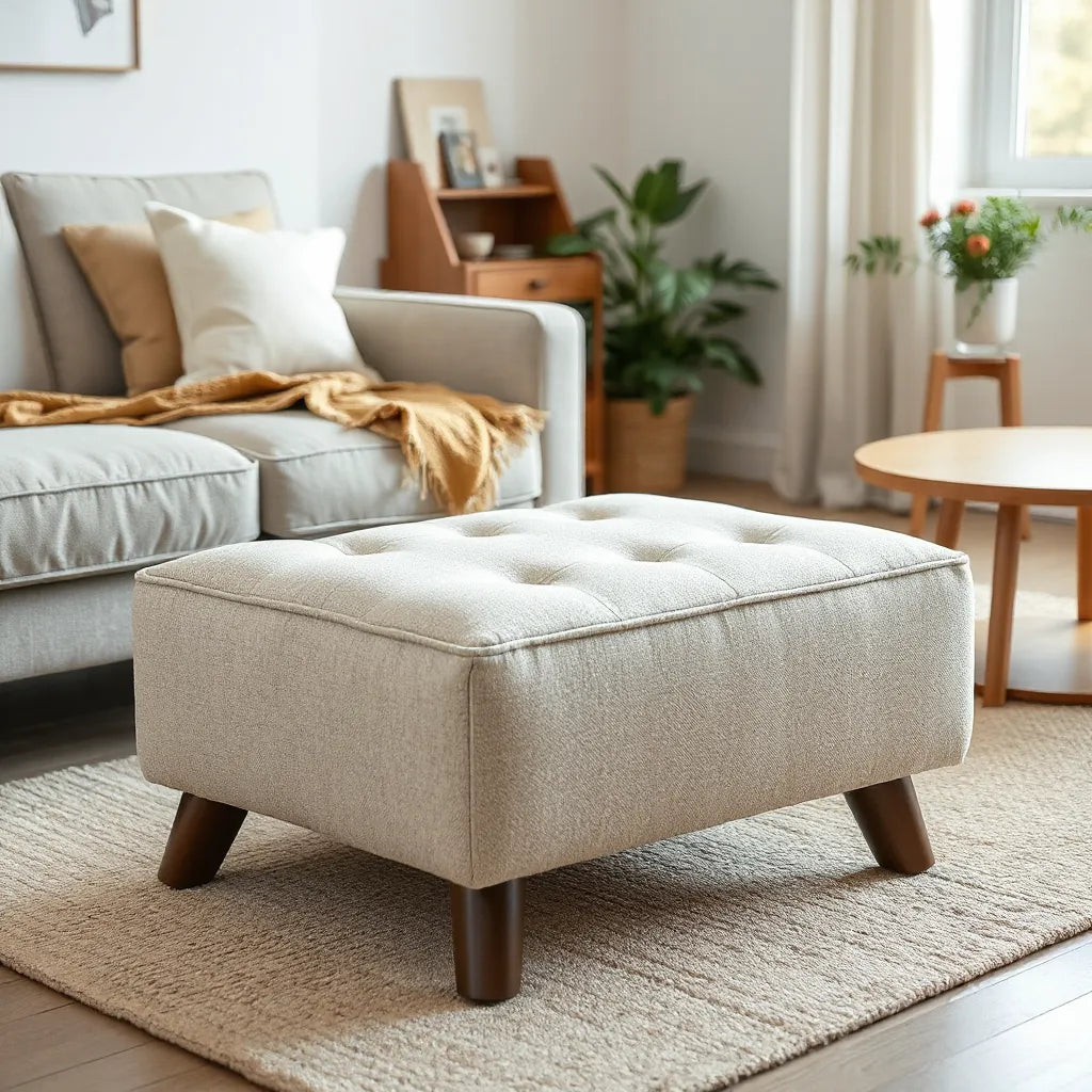 Neutral upholstered footrest stool next to a sofa in a bright, uncluttered living room
