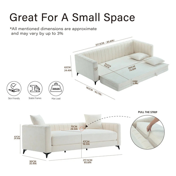 Luxora 84.6" Convertible Sleeper Sofa Bed, 2-in-1 Folding Sofa Bed with 2 Pillow (White) #030023 Get Set Style Furniture