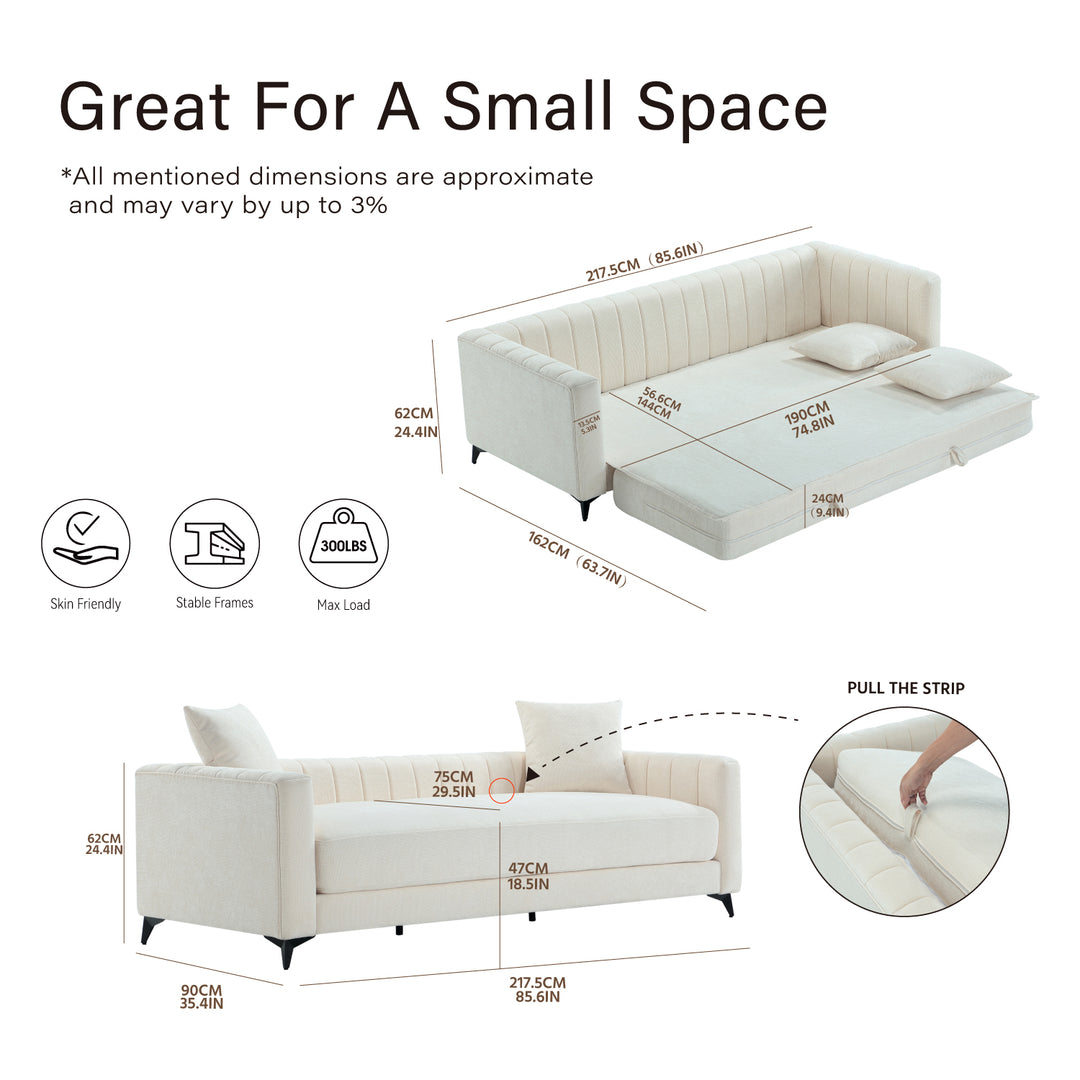 Luxora 84.6" Convertible Sleeper Sofa Bed, 2-in-1 Folding Sofa Bed with 2 Pillow, Modern Sleeper Couch for Apartment, Living Room& Guest Room (White)