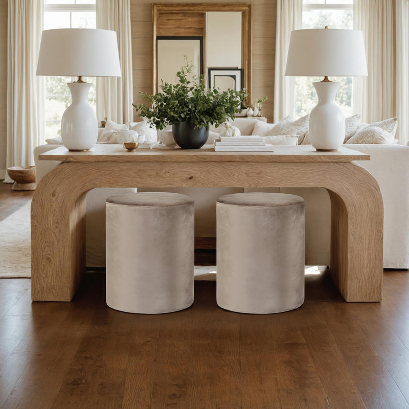 Beige Velvet Round Ottoman 