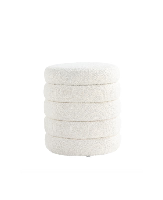 White Fabric Round Ottoman with Storage 