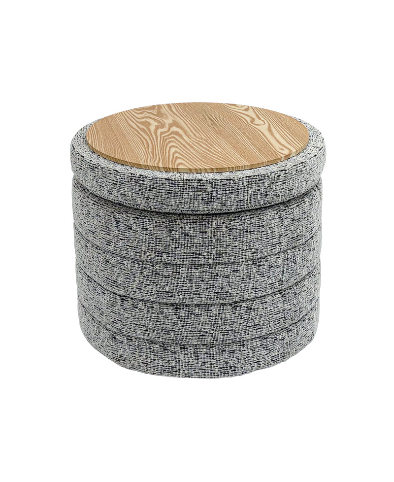 Beige Chenille Round Ottoman With Storage 