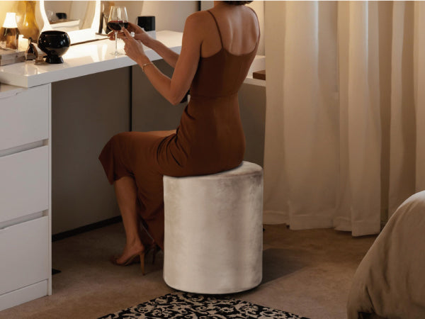 Beige Velvet Round Ottoman 