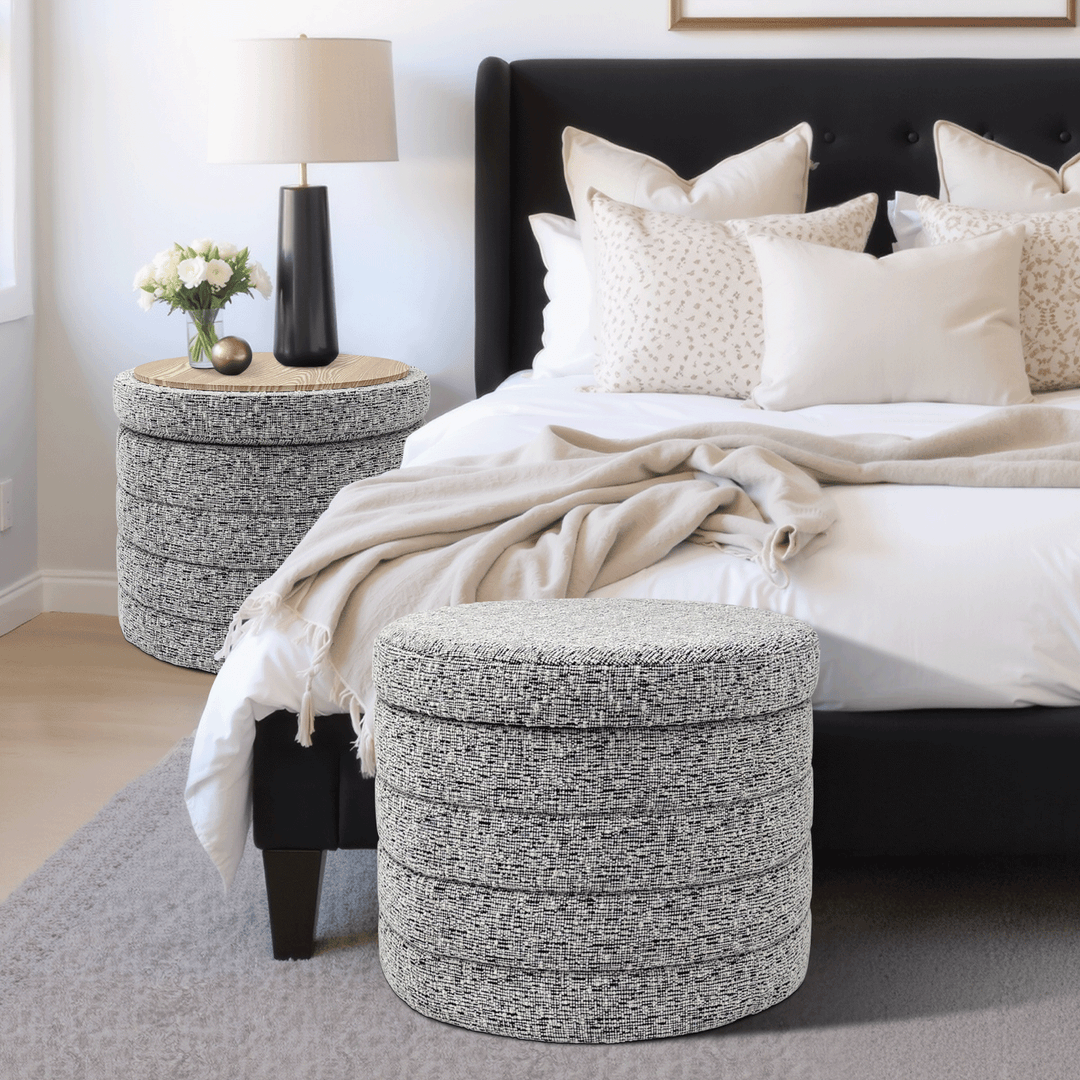 Beige Chenille Round Ottoman With Storage #100136