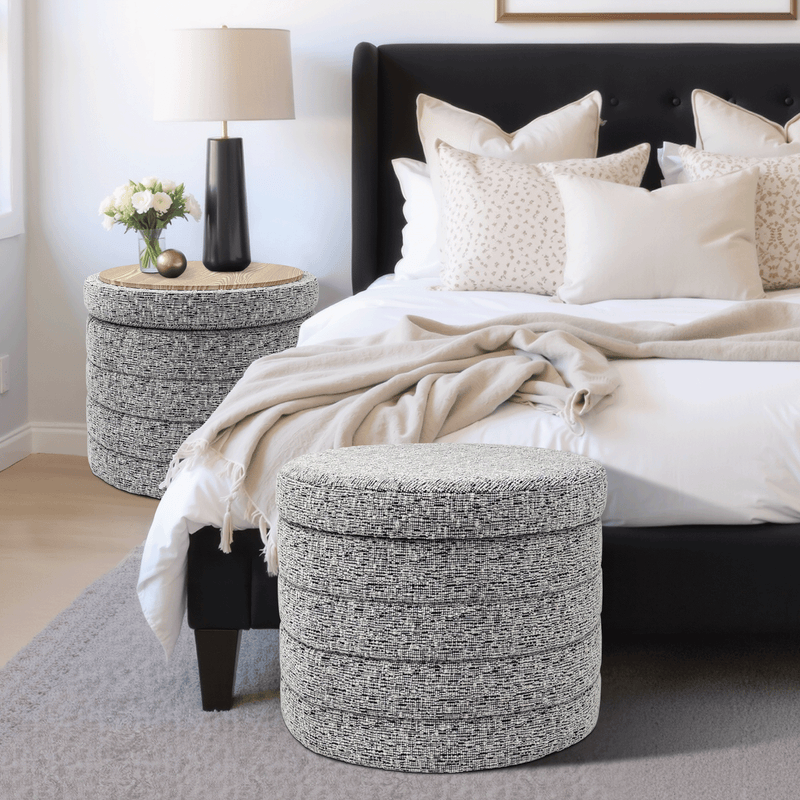 Beige Chenille Round Ottoman With Storage 