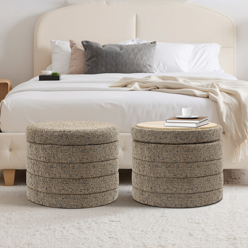 Taupe Chenille Round Ottoman With Storage 