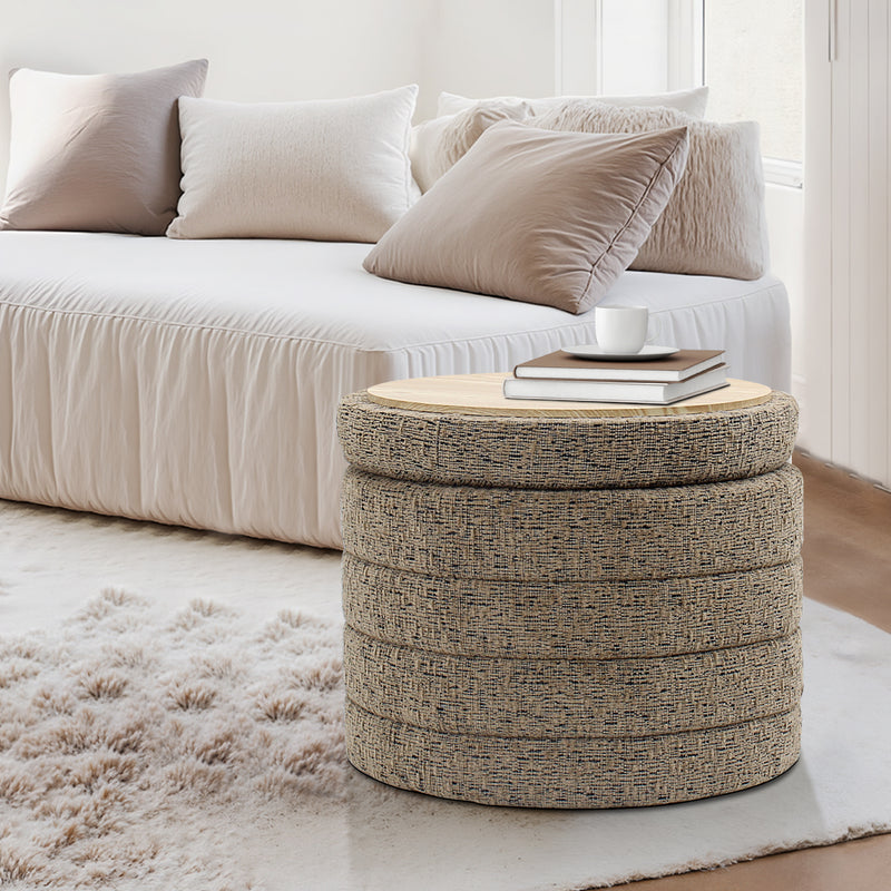 Taupe Chenille Round Ottoman With Storage 