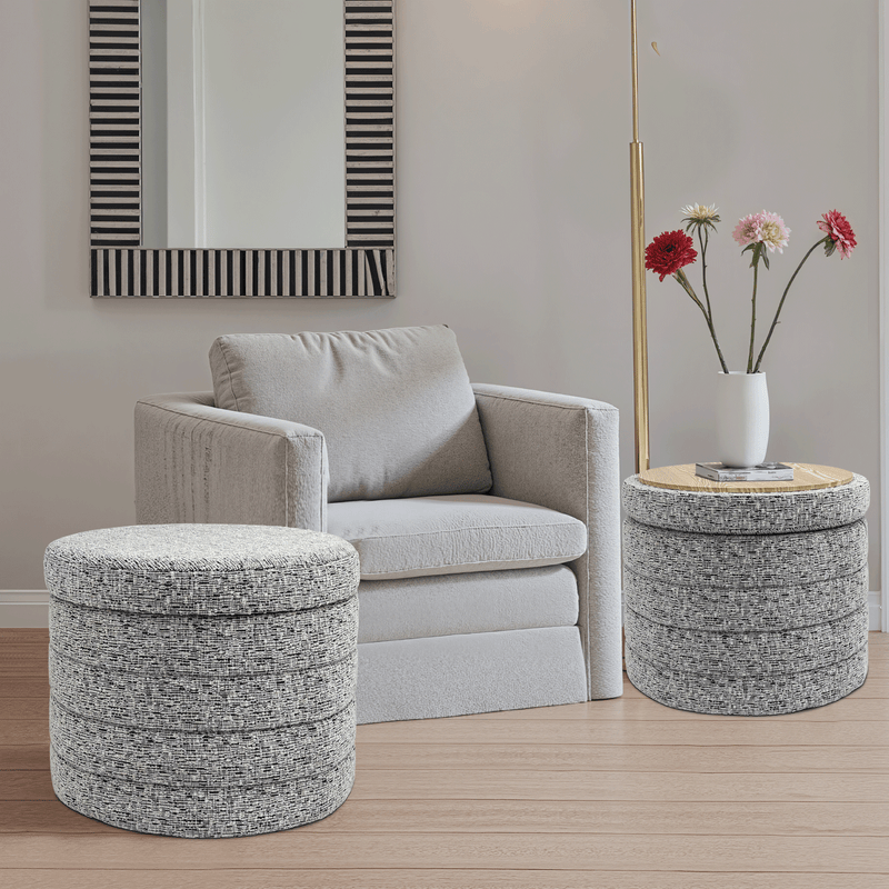 Beige Chenille Round Ottoman With Storage 