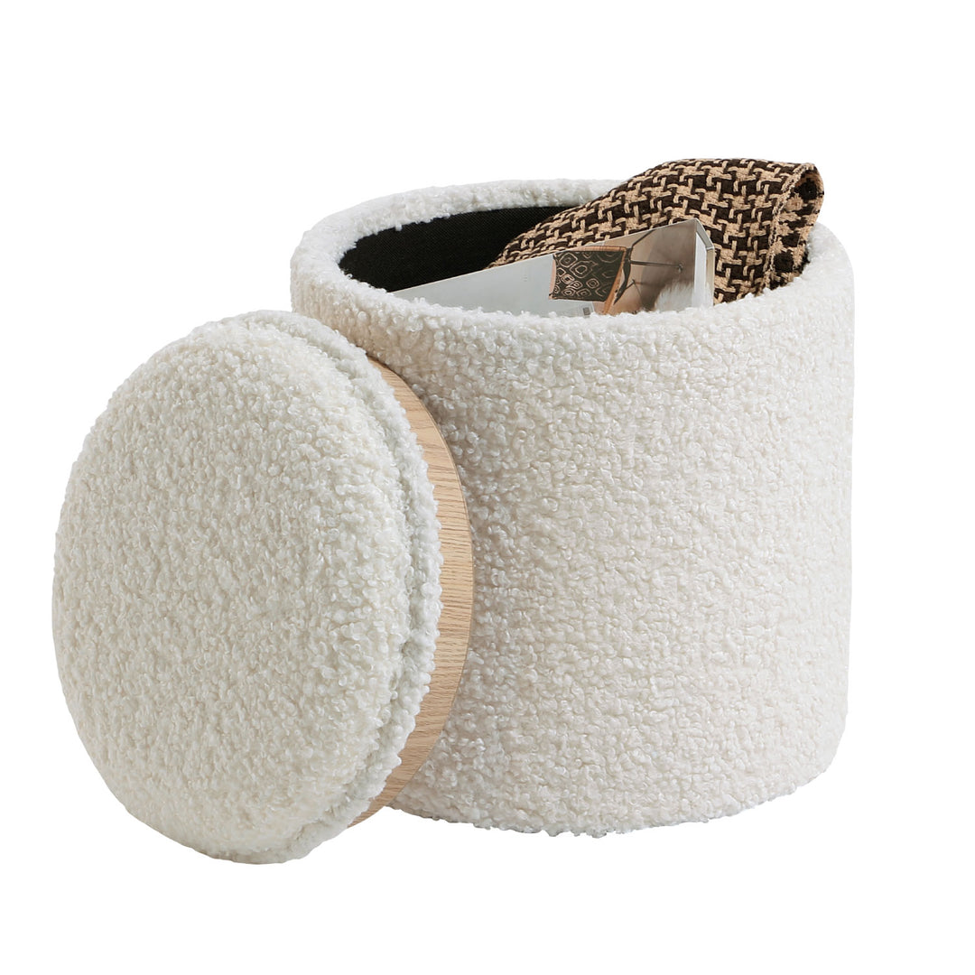 White Sherpa Round Ottoman With Storage #100127