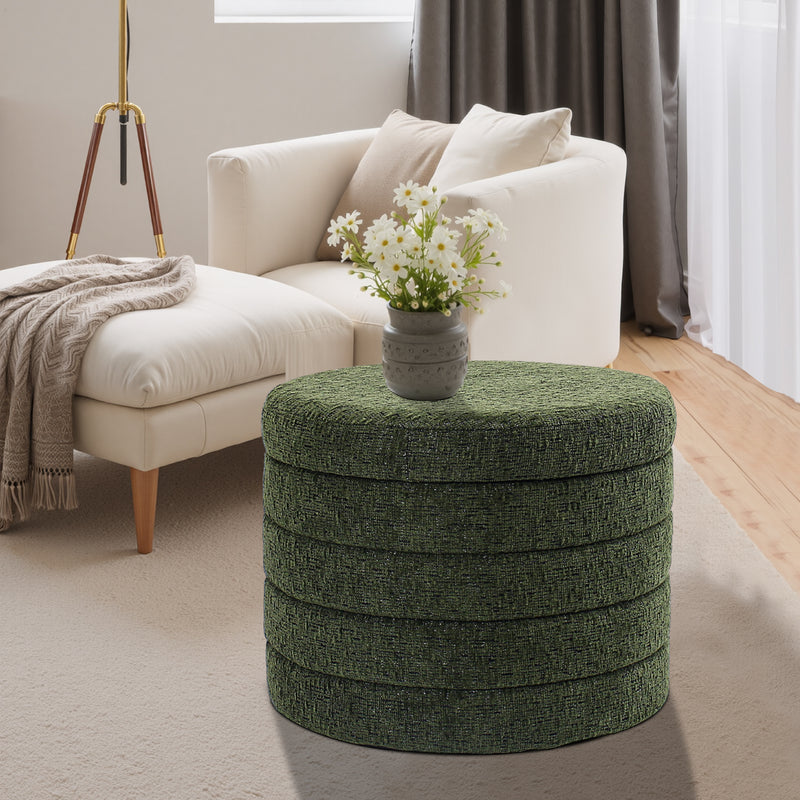 Green Chenille Round Ottoman With Storage 