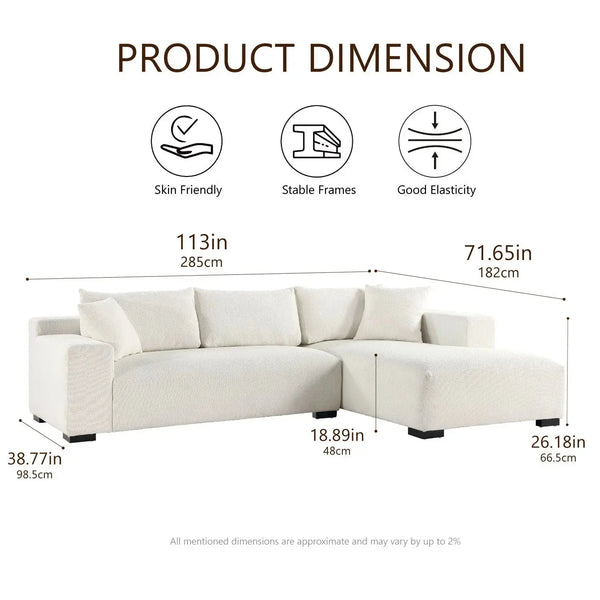 113" Wide Sectional sofa, Modern Boucle Fabric L-Shaped Sofa, 2 Pieces Modular with Right Facing Chaise and 2 Pillows (White) #040005 Get Set Style Furniture