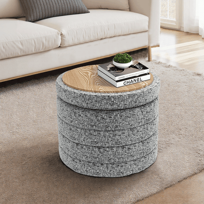 Beige Chenille Round Ottoman With Storage #100136