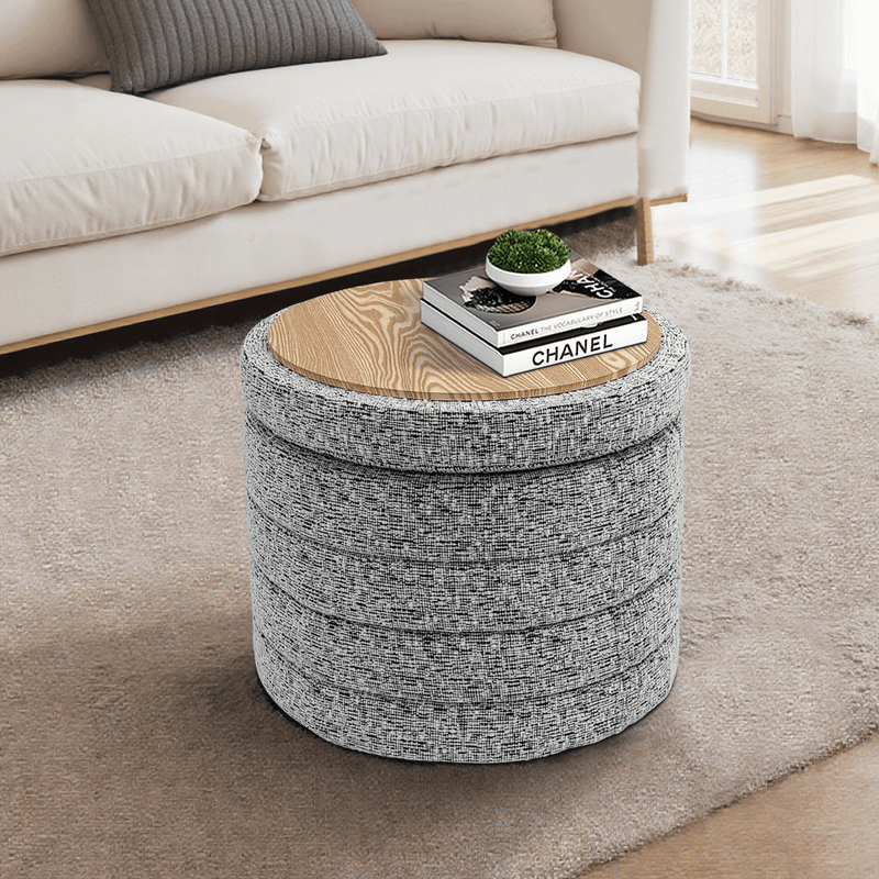 Beige Chenille Round Ottoman With Storage 