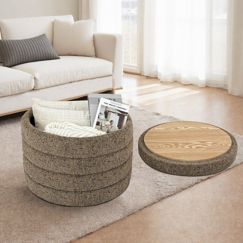 Taupe Chenille Round Ottoman With Storage 