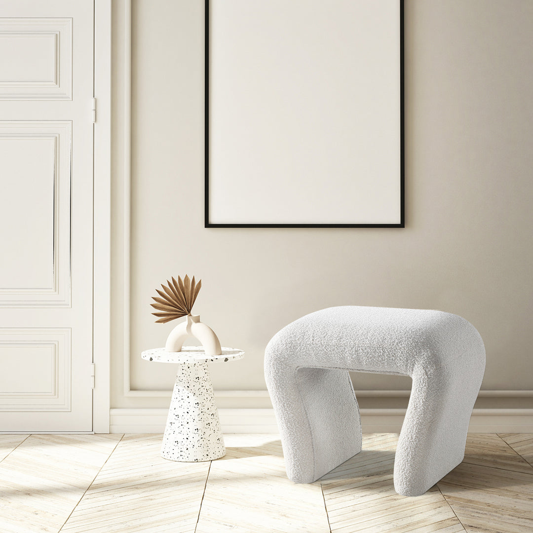 White Curved Boucle Ottoman