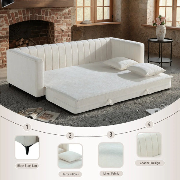 Luxora 84.6" Convertible Sleeper Sofa Bed, 2-in-1 Folding Sofa Bed with 2 Pillow (White) #030023 Get Set Style Furniture