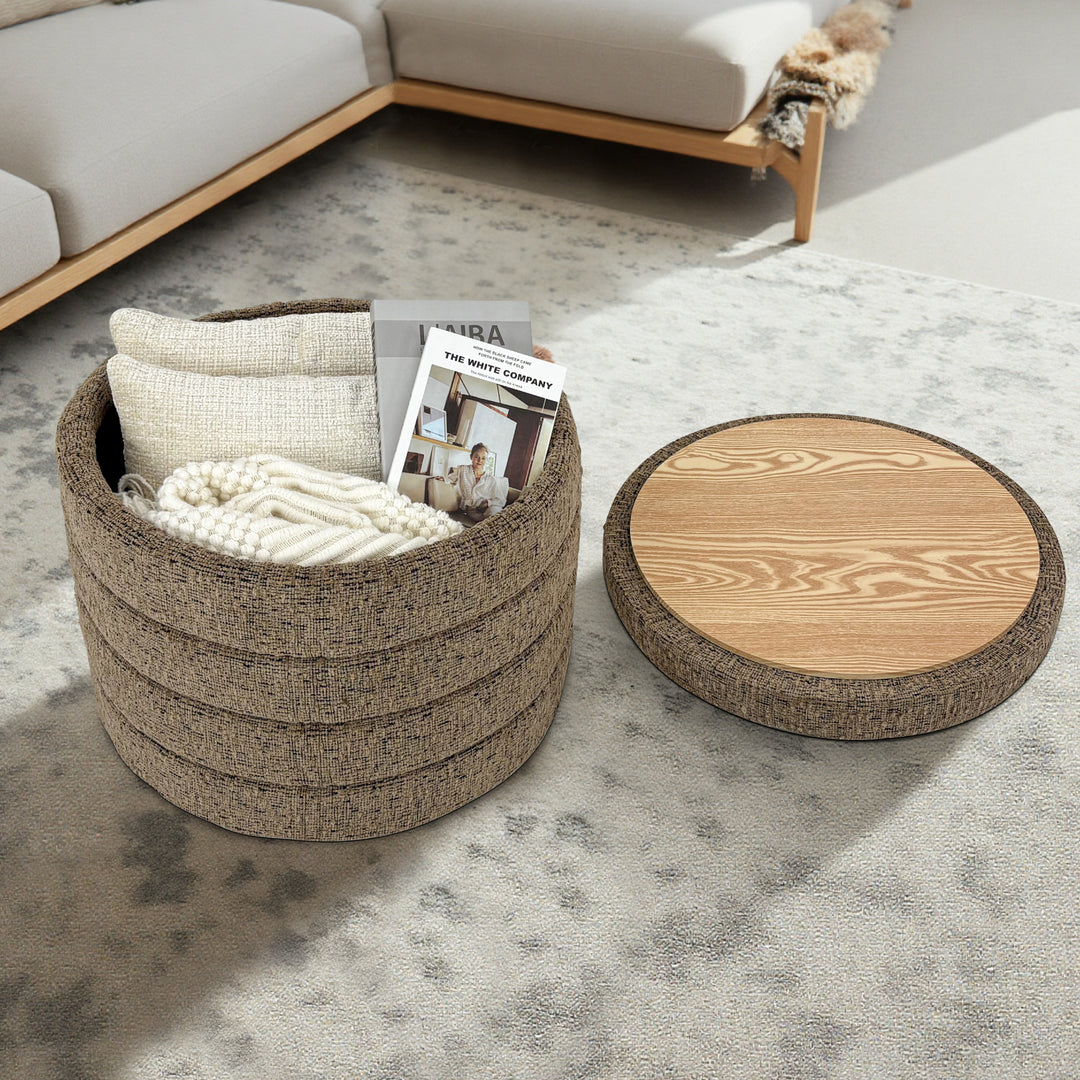 Taupe Chenille Round Ottoman With Storage #100137