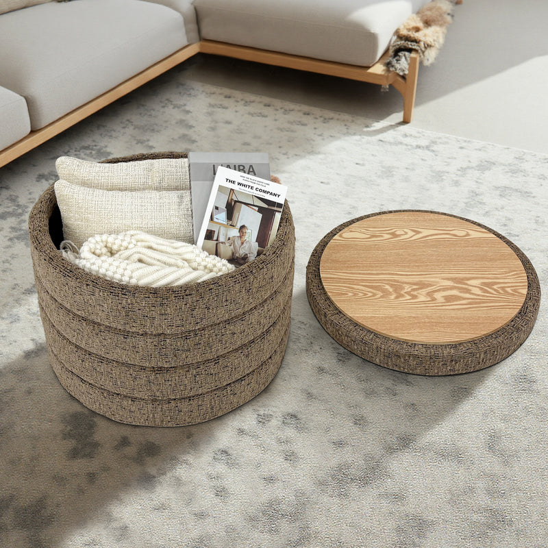 Taupe Chenille Round Ottoman With Storage 