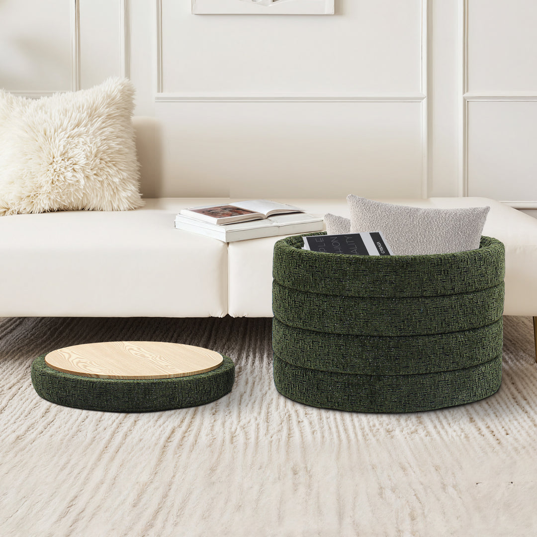 Green Chenille Round Ottoman With Storage #100138