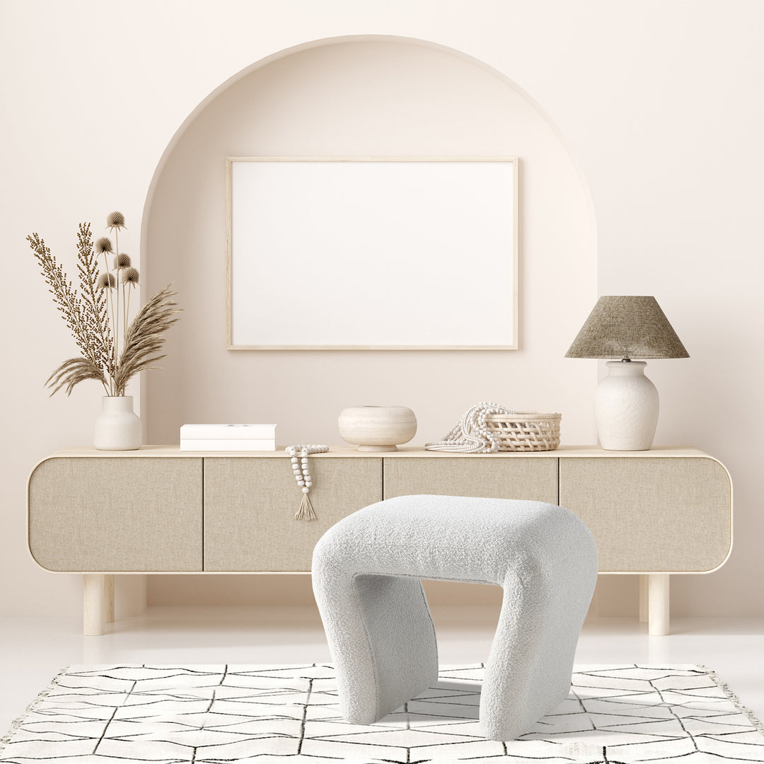 White Curved Boucle Ottoman
