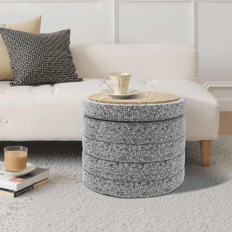 Beige Chenille Round Ottoman With Storage 